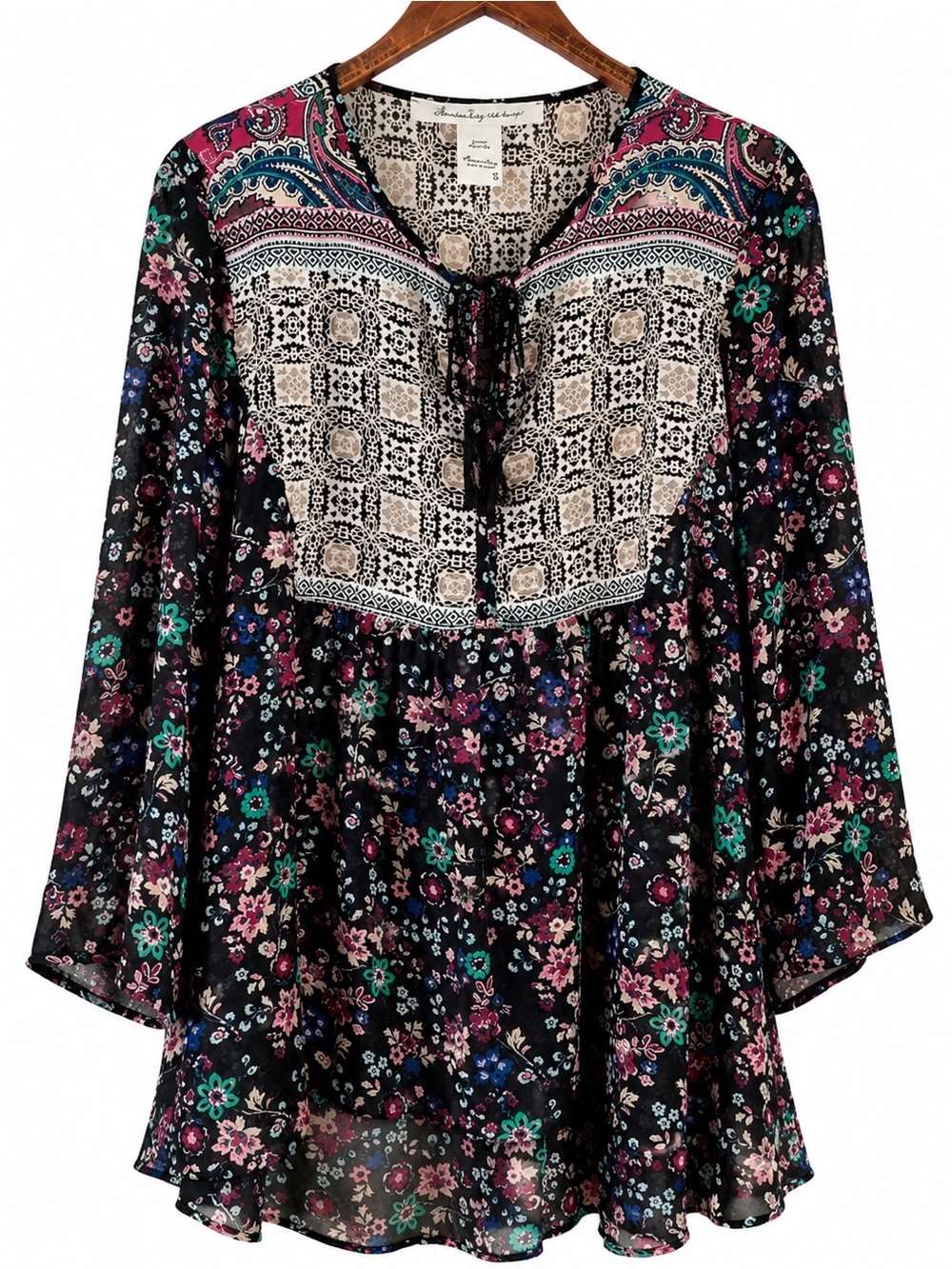 American Rag Cie Boho Floral Tunic Top Oversize Medium Tassel Sheer Black Whimsy